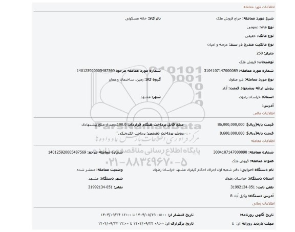 مزایده، فروش ملک