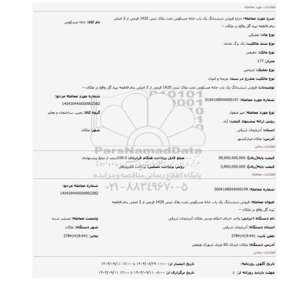 مزایده، فروش ششدانگ یک باب خانه مسکونی تحت پلاک ثبتی 1425 فرعی از 3 اصلی بنام فاطمه تیره گل  واقع در ملکان –