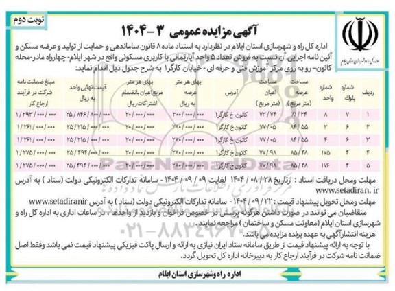 مزایده فروش تعداد 5 واحد آپارتمانی با کاربری مسکونی نوبت دوم 