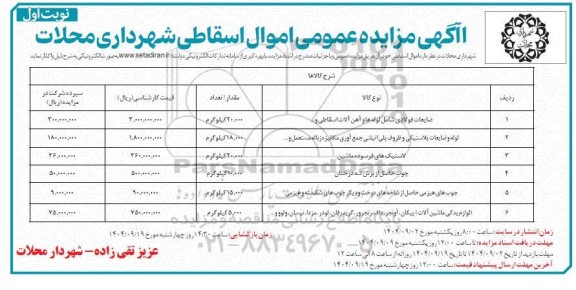  مزایده اموال اسقاطی شامل ضایعات فولادی... - 