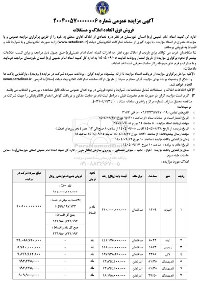مزایده فروش فوق العاده املاک و مستغلاتمزایده فروش فوق العاده املاک و مستغلات