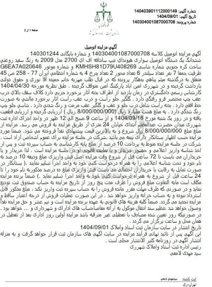 مزایده ششدانگ یک دستگاه اتومبیل سواری هیوندای
