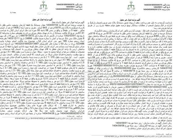 مزایده مقدار ششدانگ یک قطعه آپارتمان وضعیت خاص طلق با کاربری مسکونی