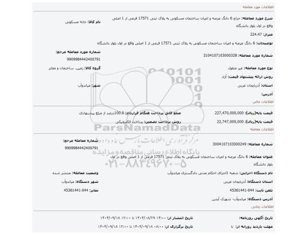 مزایده، 6 دانگ عرصه و اعیان ساختمان مسکونی به پلاک ثبتی 17571 فرعی از 1 اصلی واقع در اول بلوار دانشگاه