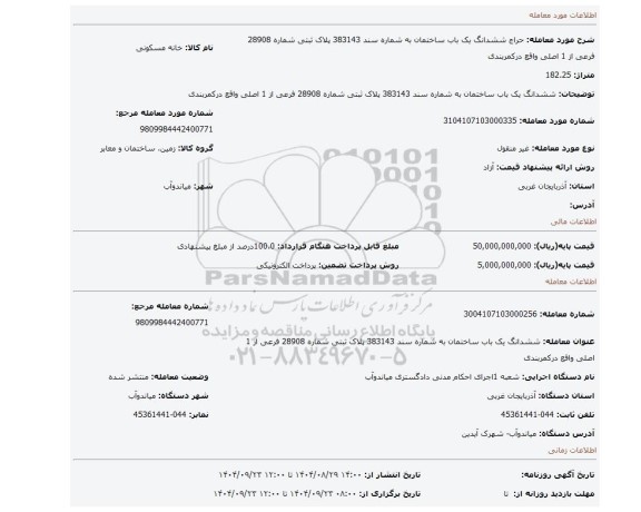 مزایده، ششدانگ یک باب ساختمان به شماره سند 383143 پلاک ثبتی شماره 28908 فرعی از 1 اصلی واقع درکمربندی