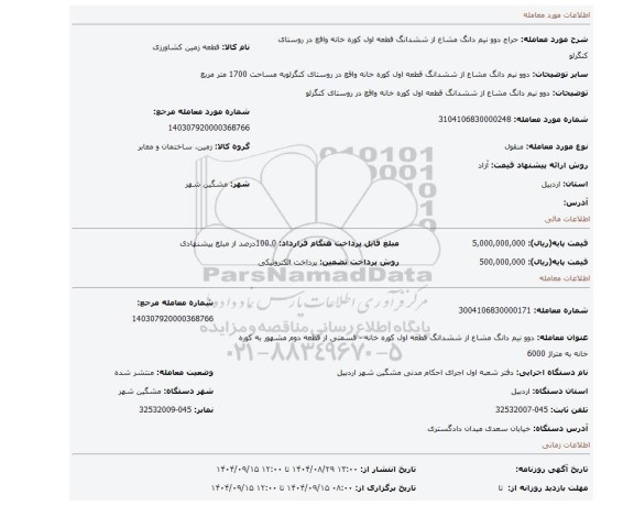 مزایده، دوو نیم دانگ مشاع از ششدانگ قطعه اول کوره خانه واقع در روستای کنگرلو