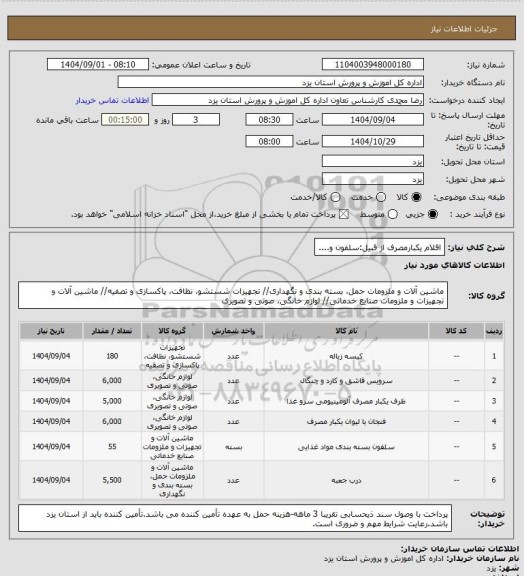 استعلام اقلام یکبارمصرف از قبیل:سلفون و....
