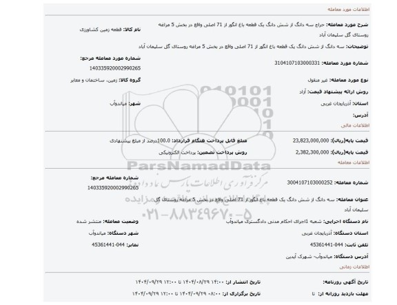مزایده،  سه دانگ از شش دانگ یک قطعه باغ انگور از 71 اصلی واقع در بخش 5 مراغه روستای گل سلیمان آباد