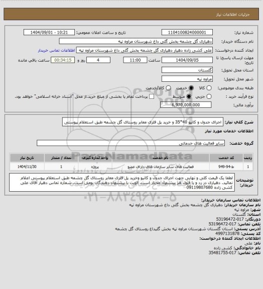 استعلام اجرای جدول و کانیو 40*35 و خرید پل فلزی معابر روستای گل چشمه طبق استعلام پیوستی
