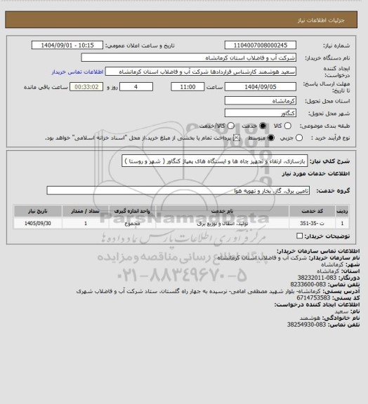 استعلام بازسازی، ارتقاء و تجهیز چاه ها و ایستگاه های پمپاژ کنگاور ( شهر و روستا )