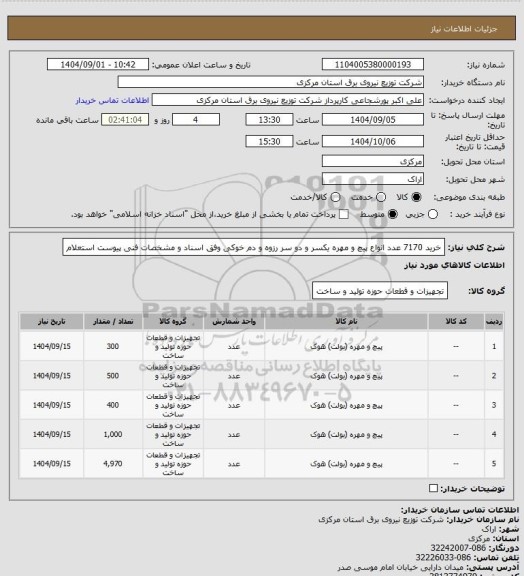 استعلام خرید 7170 عدد انواع پیچ و مهره یکسر و دو سر رزوه و دم خوکی وفق اسناد و مشخصات فنی پیوست استعلام