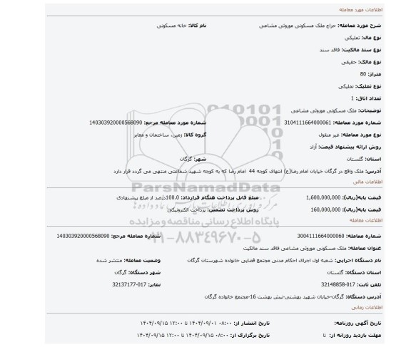مزایده، ملک مسکونی موروثی مشاعی