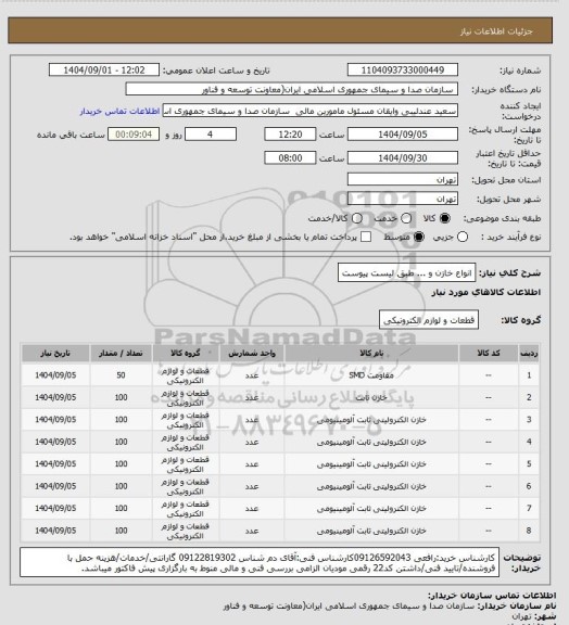 استعلام انواع خازن  و ... طبق لیست پیوست