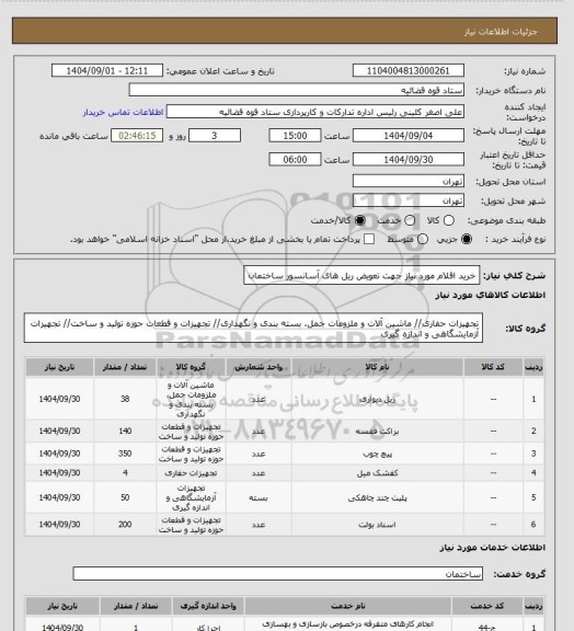استعلام خرید اقلام مورد نیاز جهت تعویض ریل های آسانسور ساختمان