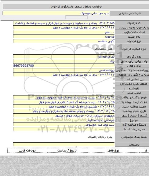 مناقصه, ابرسانی به پشته تایباد
