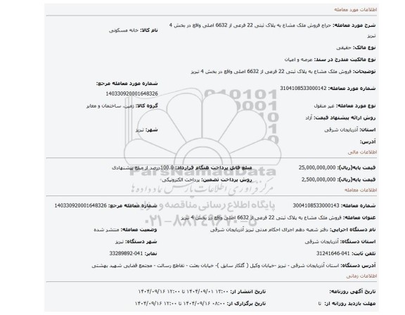 مزایده،  فروش ملک مشاع به پلاک ثبتی 22 فرعی از 6632 اصلی واقع در بخش 4 تبریز