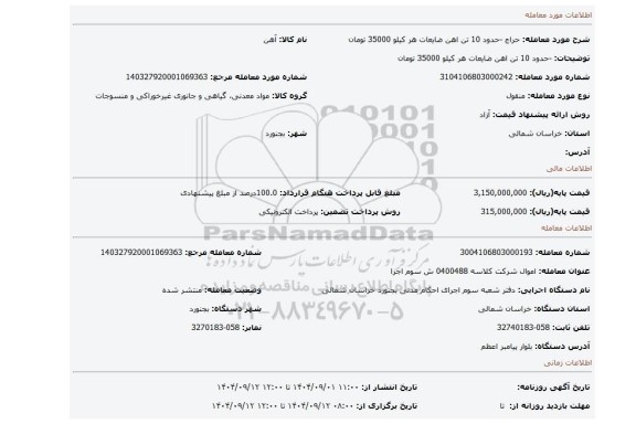 مزایده، -حدود 10 تن اهن ضایعات هر کیلو 35000 تومان