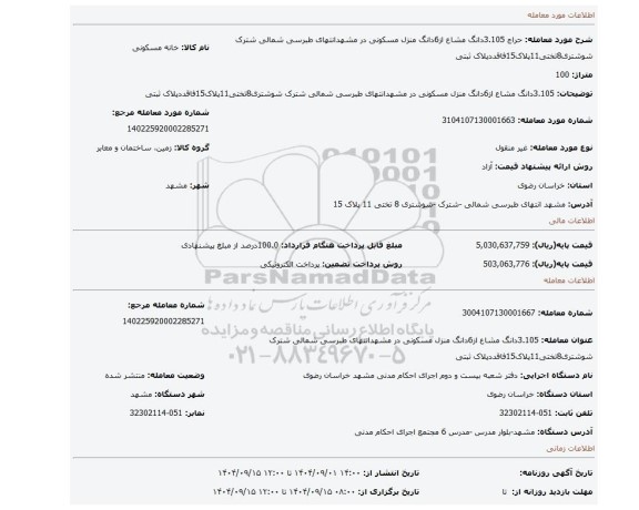 مزایده، 3.105دانگ مشاع از6دانگ منزل مسکونی در مشهدانتهای طبرسی شمالی شترک شوشتری8تختی11پلاک15فاقددپلاک ثبتی