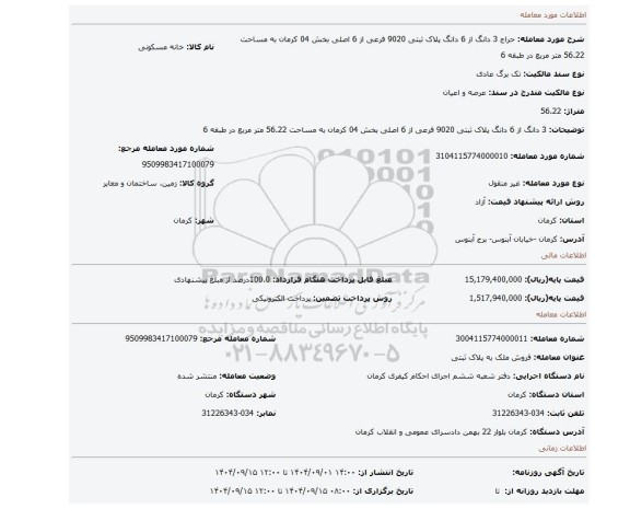 مزایده، 3 دانگ از 6 دانگ پلاک ثبتی 9020 فرعی از 6 اصلی بخش 04 کرمان به مساحت 56.22 متر مربع در طبقه 6
