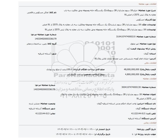 مزایده، 18 سهم مشاع از 28 سهم6دانگ یکدستگاه خانه ومحوطه وحق مالکیت سه باب مغازه به پلاک ثبتی 2575 از اصلی91