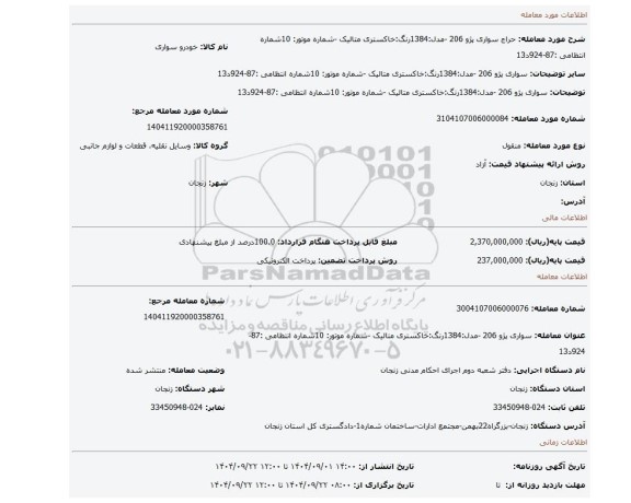 مزایده، سواری پژو 206  -مدل:1384رنگ:خاکستری متالیک -شماره موتور: 10شماره انتظامی :87-924د13
