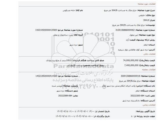 مزایده، حراج ملک به مساحت 304/8 متر مربع