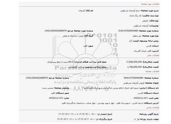 مزایده، آپارتمان مسکونی
