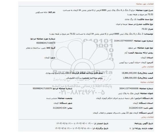 مزایده، 3 دانگ از 6 دانگ پلاک ثبتی 8989 فرعی از 6 اصلی بخش 04 کرمان به مساحت 75.52 متر مربع در طبقه دوم  با