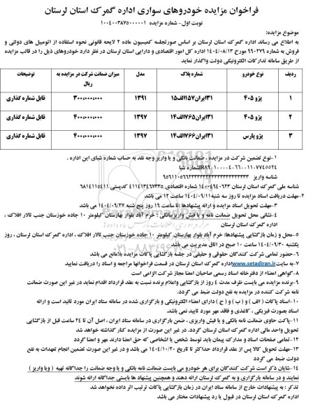 فراخوان مزایده خودروهای سواری اداره