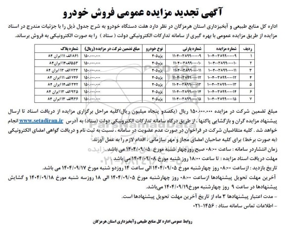 تجدید مزایده هفت دستگاه خودرو