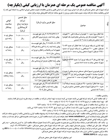 مناقصه خط انتقال برق ( حدود 10 کیلومتر) و شبکه داخلی 20 کیلوولت ....