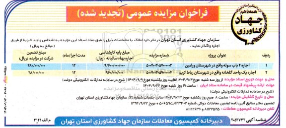 فراخوان مزایده عمومی اجاره 4 باب سوله....