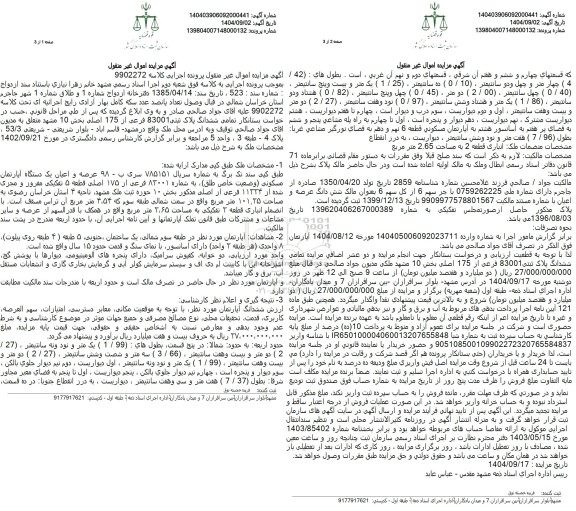 مزایده عرصه و اعیان یک دستگاه آپارتمان مسکونی (وضعت خاص طلق) به شماره 83001 فرعی از 175 اصلی