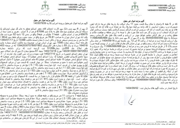 مزایده 2 سهم از 6 سهم شش دانگ یک دستگاه آپارتمان مسکونی نوع ملک طلق به پلاک ثبتی 67096 فرعی از 3 اصلی