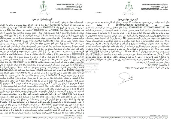 مزایده فروش ششدانگ مغازه تحت پلاک ثبتی صفر فرعی از دو هزار و نهصدو بیست و دو اصلی