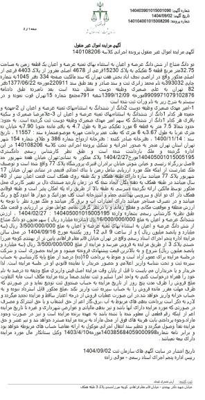 مزایده دو دانگ مشاع از شش دانگ عرصه و اعیان به استثناء بهای تمنيه عرصه و اعیان یک قطعه زمین 