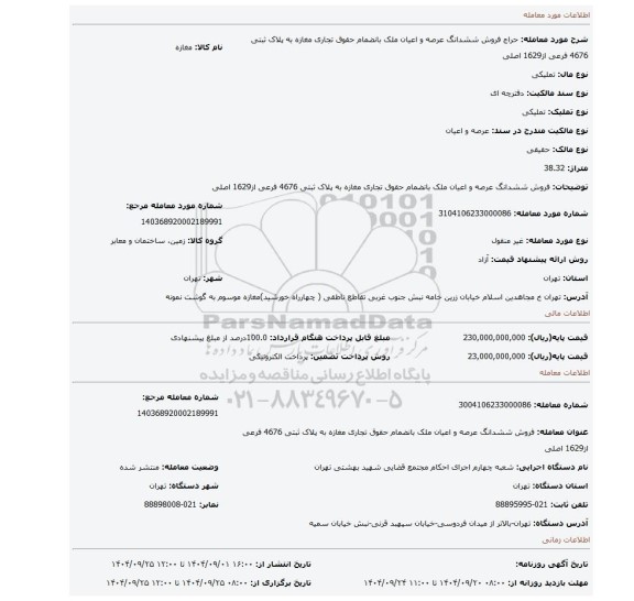مزایده، فروش ششدانگ عرصه و اعیان ملک بانضمام حقوق تجاری مغازه  به پلاک ثبتی 4676 فرعی از1629 اصلی