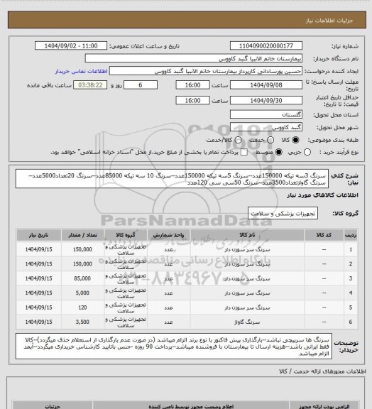 استعلام سرنگ 3سه تیکه 150000عدد--سرنگ 5سه تیکه 150000عدد--سرنگ 10 سه تیکه 85000عدد--سرنگ 20تعداد5000عدد--سرنگ گاوازتعداد3500عدد--سرنگ 50سی سی 120عدد