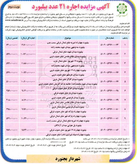 مزایده اجاره 21 عدد بیلبورد - نوبت دوم