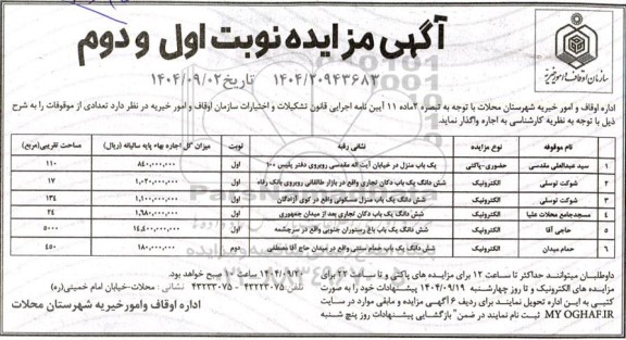 مزایده واگذاری تعدادی از موقوفات...