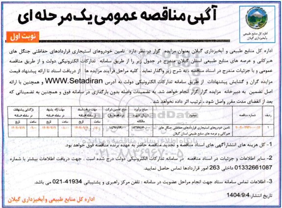 مناقصه تامین خودروهای قراردادهای حفاظتی جنگل های هیرکانی و عرصه های منابع طبیعی استان 