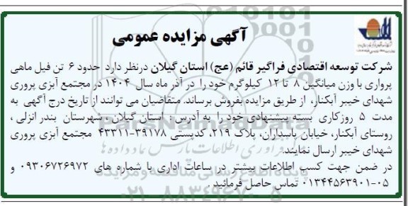 مزایده  حدود 6 تن فیل ماهی پرواری با وزن میانگین 8 تا 12 کیلوگرم 