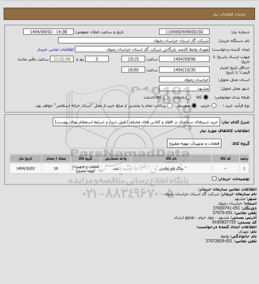 استعلام خرید شیرهای سماوری در اقطار و کلاس های مختلف (طبق شرح و شرایط استعلام بهای پیوست)