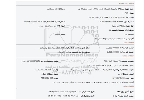 مزایده، پلاک ثبتی 12 فرعی از 1394 اصلی بخش 20 یزد