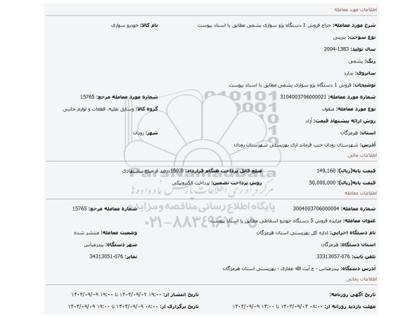 مزایده، فروش 1 دستگاه پژو سواری یشمی مطابق با اسناد پیوست