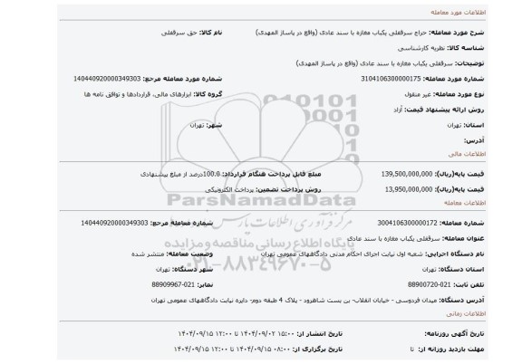 مزایده،  سرقفلی یکباب مغازه با سند عادی (واقع در پاساژ المهدی)