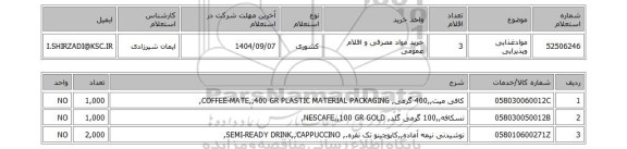 استعلام موادغذایی وپذیرایی