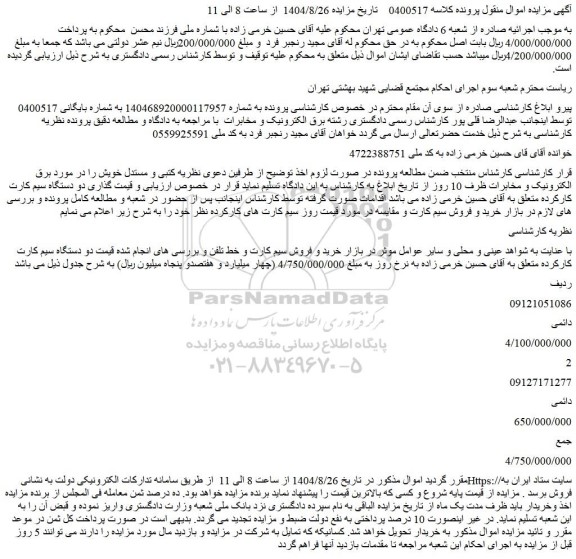 مزایده دو دستگاه سیم کارت کارکرده