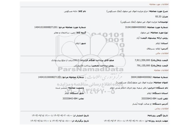 مزایده، مزایده اموال غیر منقول (ملک مسکونی)