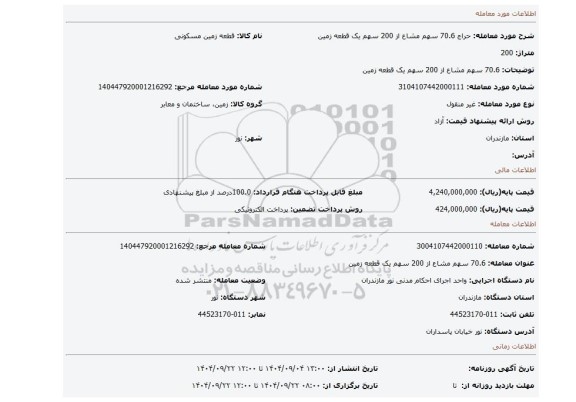 مزایده، 70.6 سهم مشاع از 200 سهم یک قطعه زمین